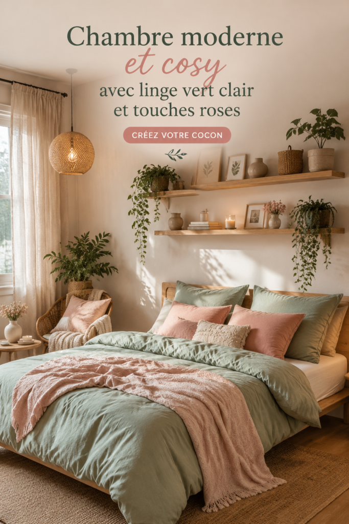 Chambre moderne avec linge de lit vert clair et touches de rose