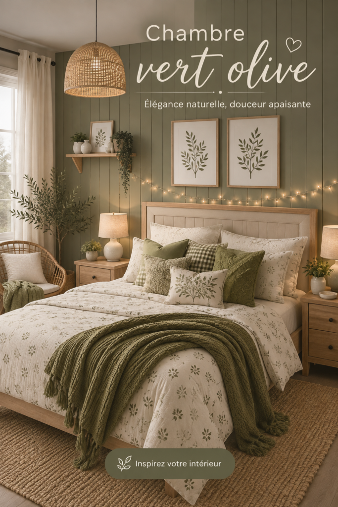 Chambre moderne décorée en vert olive avec des coussins et un plaid