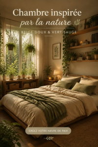 Chambre décorée en beige et vert sauge, ambiance cosy et apaisante.