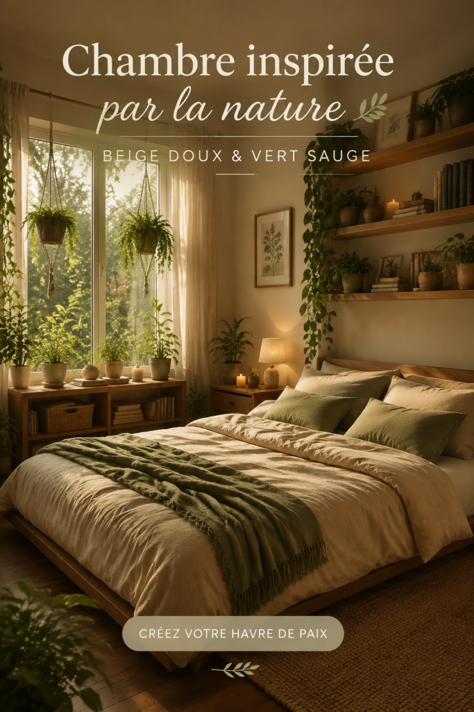 Chambre décorée en beige et vert sauge, ambiance cosy et apaisante.