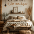 Chambre au style rustique avec des meubles en bois et des couleurs chaudes.