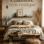 Chambre au style rustique avec des meubles en bois et des couleurs chaudes.