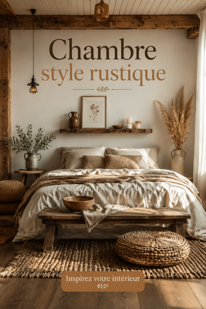 Chambre au style rustique avec des meubles en bois et des couleurs chaudes.