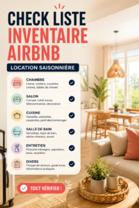 Checklist de préparation pour une location saisonnière Airbnb, avec divers équipements.