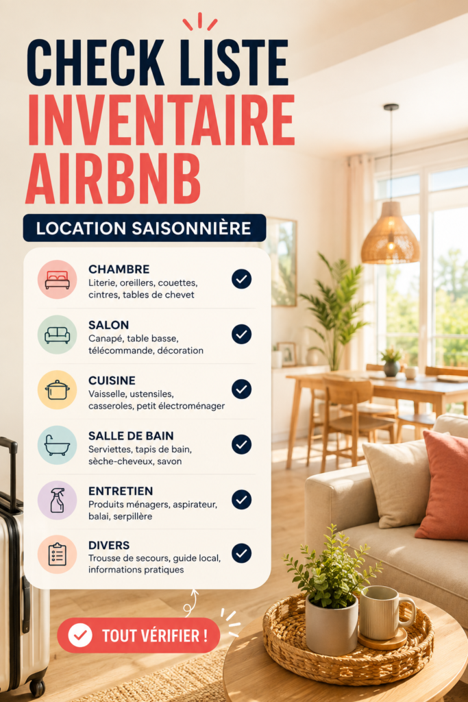 Checklist de préparation pour une location saisonnière Airbnb, avec divers équipements.