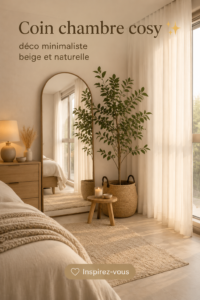 Chambre cosy décorée en beige minimaliste avec éclairage doux