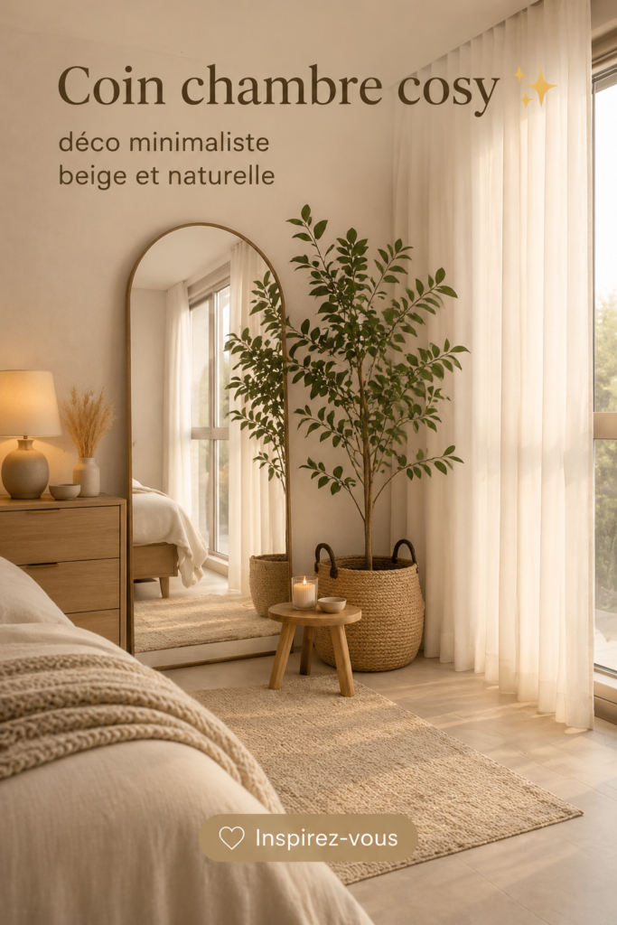 Chambre cosy décorée en beige minimaliste avec éclairage doux