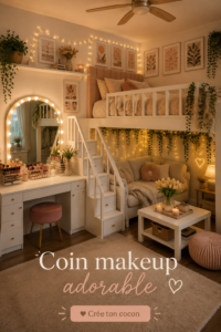 Espace maquillage chaleureux aménagé avec soin et décor