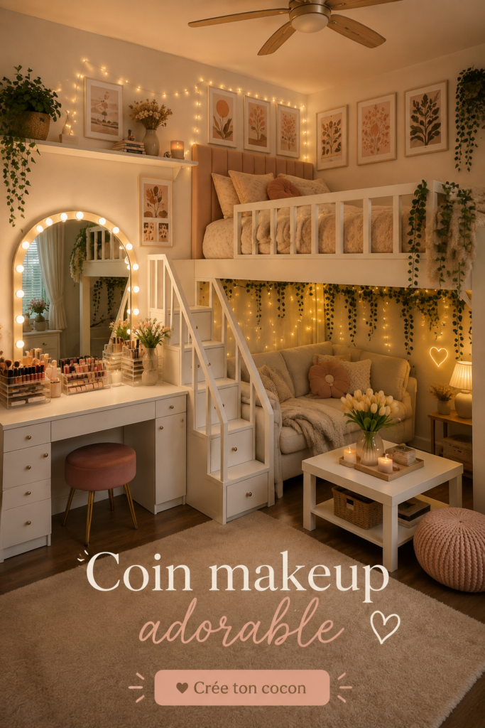 Espace maquillage chaleureux aménagé avec soin et décor