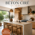 Cuisine moderne avec accents en bois et béton ciré, créant une atmosphère chaleureuse