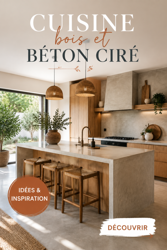 Cuisine moderne avec accents en bois et béton ciré, créant une atmosphère chaleureuse