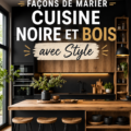 Cuisine moderne alliant éléments noirs et bois chaleureux