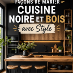 Cuisine moderne alliant éléments noirs et bois chaleureux