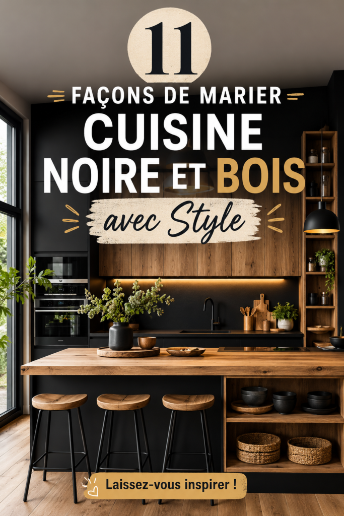 Cuisine moderne alliant éléments noirs et bois chaleureux