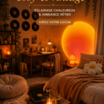 Chambre décorée dans un style cosy avec éclairage chaleureux et meubles vintage