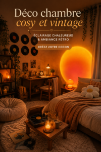 Chambre décorée dans un style cosy avec éclairage chaleureux et meubles vintage