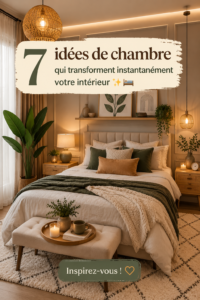 Une chambre chaleureuse avec des couleurs apaisantes et des éléments naturels décoratifs.