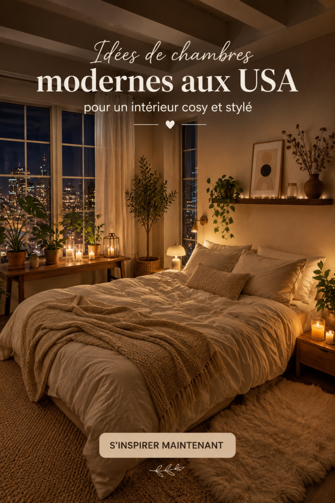 Chambre moderne avec une décoration chaleureuse et des couleurs apaisantes.