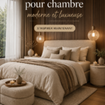 Chambre moderne au design luxueux avec des touches apaisantes et des matériaux naturels.