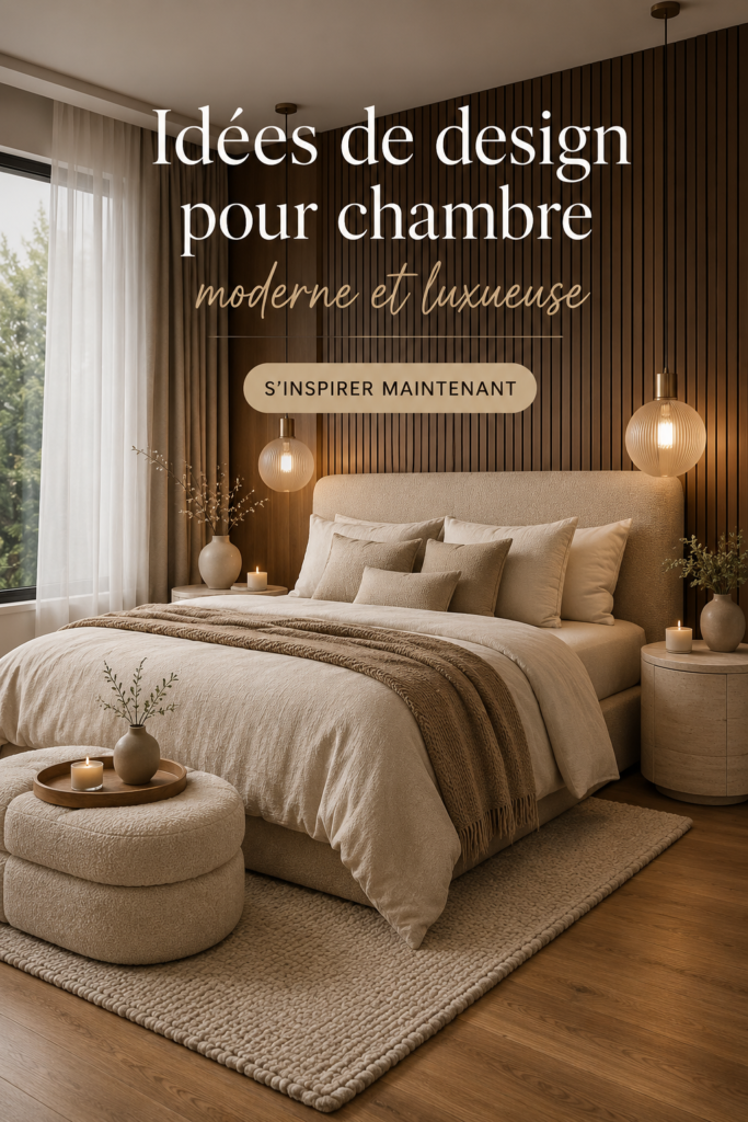 Chambre moderne au design luxueux avec des touches apaisantes et des matériaux naturels.
