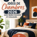 Chambre moderne avec un mur d'accent couleur bleu, décorée chaleureusement.