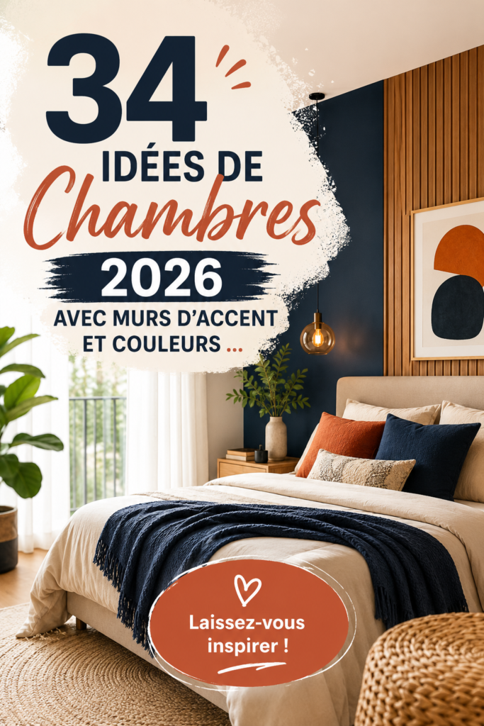 Chambre moderne avec un mur d'accent couleur bleu, décorée chaleureusement.