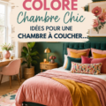Une chambre à coucher chic et colorée avec des touches décoratives modernes et chaleureuses.