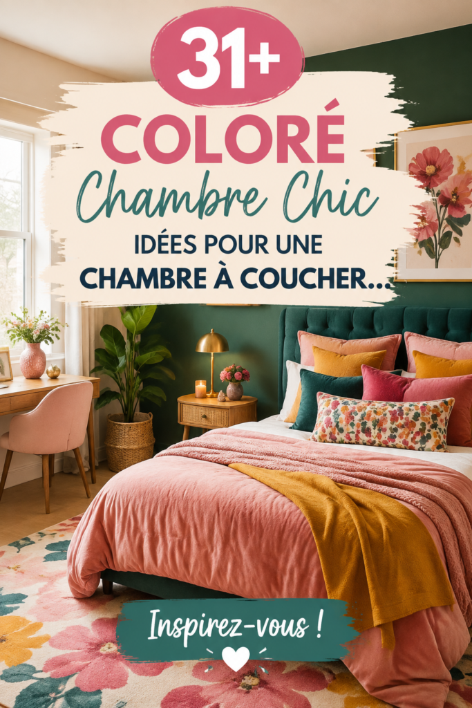 Une chambre à coucher chic et colorée avec des touches décoratives modernes et chaleureuses.