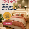 Chambre décorée sans fenêtre avec des couleurs claires et un éclairage chaleureux