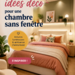 Chambre décorée sans fenêtre avec des couleurs claires et un éclairage chaleureux