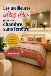 Chambre décorée sans fenêtre avec des couleurs claires et un éclairage chaleureux