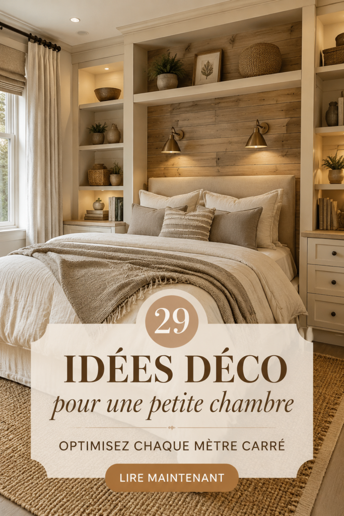 Petite chambre bien décorée avec des meubles pratiques et des rangements optimisés.