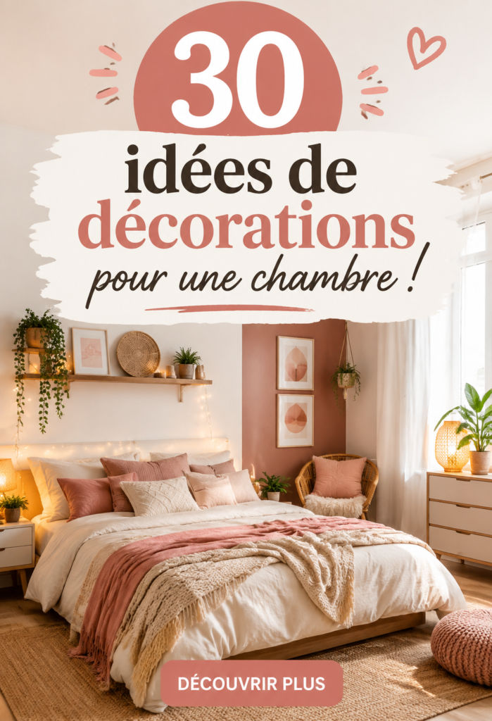 Chambre chaleureuse avec des couleurs douces et des éléments de décoration tendance.