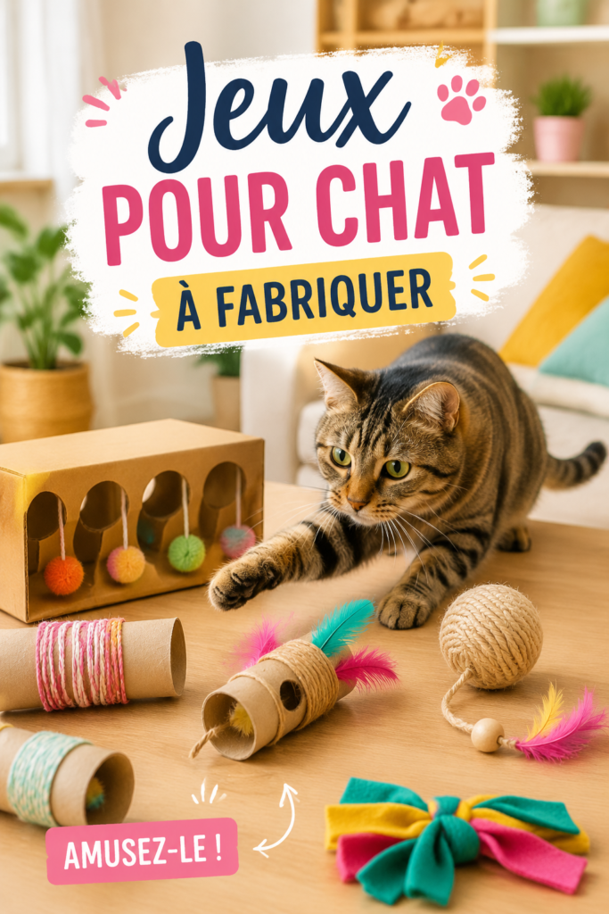 Jeux DIY pour chat fabriqués à la maison avec des matériaux recyclés.