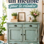 Meuble patiné en couleur douce sur un fond lumineux, décoré avec des accessoires.