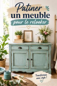 Meuble patiné en couleur douce sur un fond lumineux, décoré avec des accessoires.