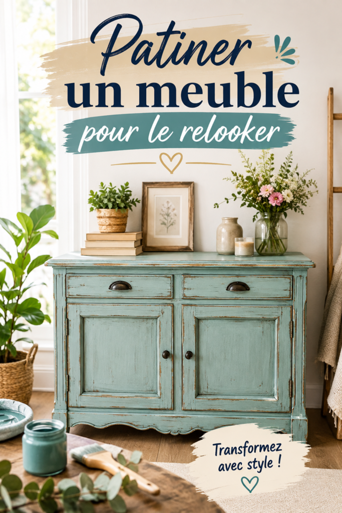 Meuble patiné en couleur douce sur un fond lumineux, décoré avec des accessoires.