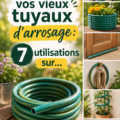 Jardinière en tuyaux d'arrosage recyclés avec des fleurs colorées.