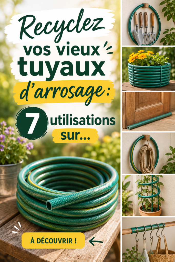 Jardinière en tuyaux d'arrosage recyclés avec des fleurs colorées.