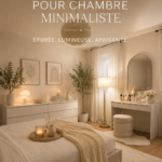 Chambre minimaliste lumineuse avec des murs clairs et des meubles épurés.