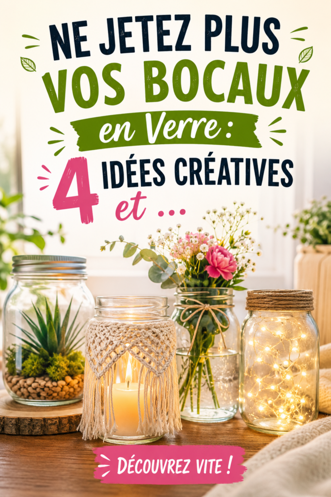 Bocaux en verre réutilisés en pots de fleurs colorés