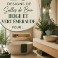 Salle de bain élégante en beige et vert émeraude avec baignoire et meubles assortis.