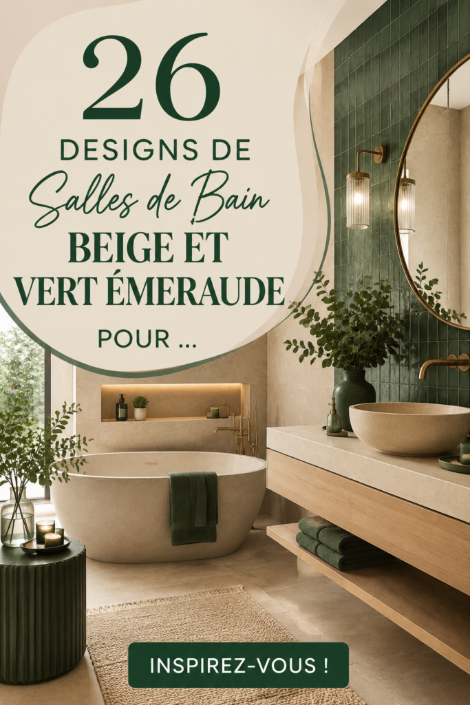 Salle de bain élégante en beige et vert émeraude avec baignoire et meubles assortis.