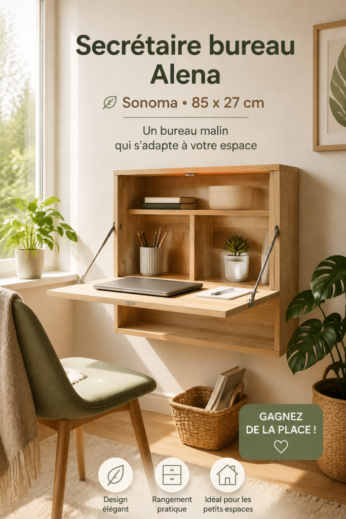 Secrétaire Vicco Alena installé dans un bureau moderne, décoré avec des plantes et des accessoires de travail.