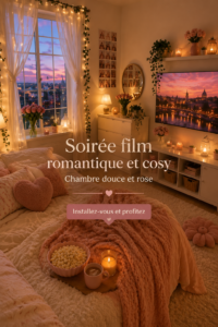 Chambre cosy aménagée pour une soirée film romantique, avec de doux coussins et un éclairage tamisé.