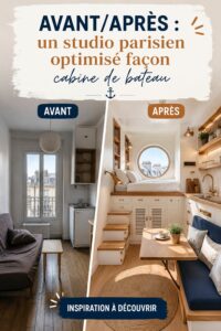 Transformation d'un studio parisien en ambiance cabine de bateau avec des éléments décoratifs et pratiques.