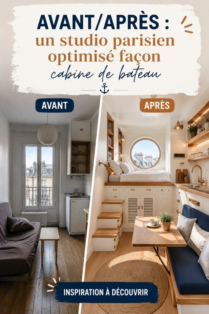 Transformation d'un studio parisien en ambiance cabine de bateau avec des éléments décoratifs et pratiques.