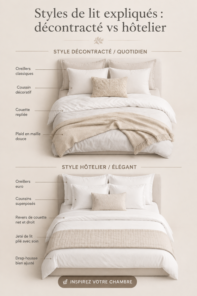 Un lit bien aménagé dans un style décontracté avec des coussins