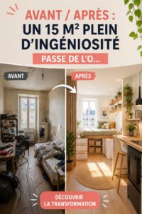 Avant/Après d'une transformation d'un 15 m², mettant en avant un espace lumineux et fonctionnel.