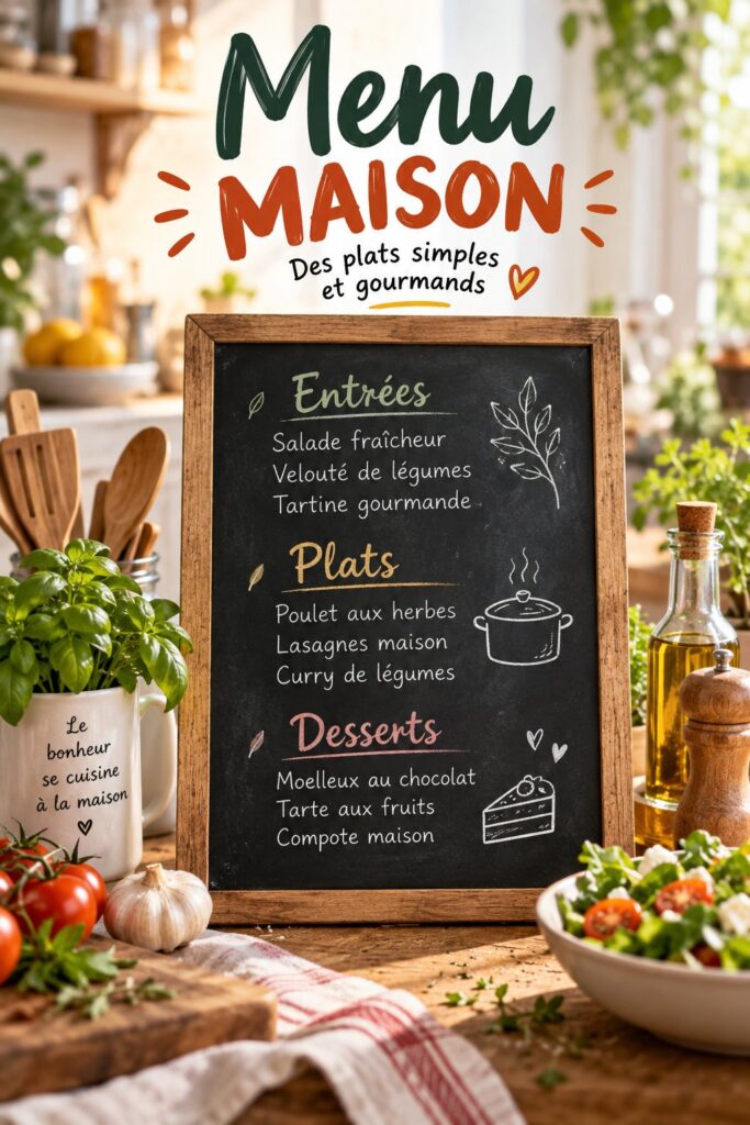 Affiche menu décorative accrochée dans une cuisine chaleureuse.